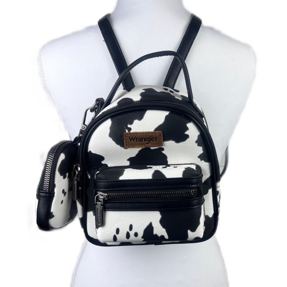 Wrangler Handbags - Wrangler Cow Print Mini Backpack Purse Black & White Faux Leather Western Bag